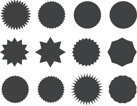 A set of burst tag icons. A collection of starburst stickers. Isolated promotional labels