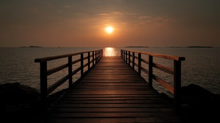 Fototapeta premium Serene Sunset Over Water from a Wooden Pier with Clouds and Gentle Waves in a Calm Atmosphere