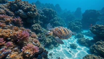 Majestic Sea Turtle Gracefully Swimming in Vibrant Coral Reef Underwater Paradise