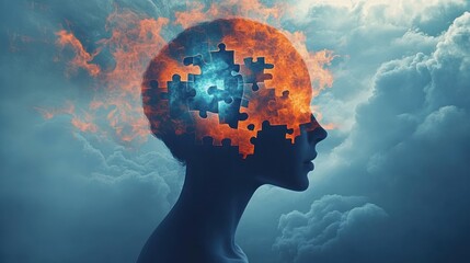 Silhouette of a human head with a fiery puzzle piece brain glowing against a cloudy sky, symbolizing mental complexity and introspection