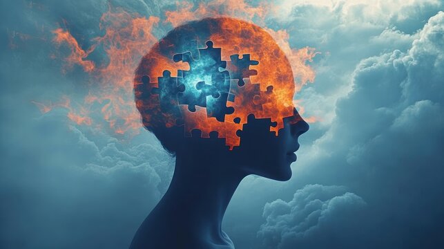 Silhouette of a human head with a fiery puzzle piece brain glowing against a cloudy sky, symbolizing mental complexity and introspection