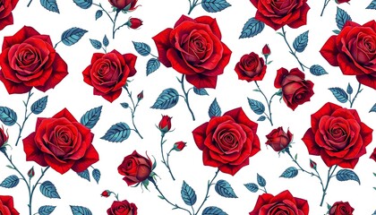 A white  background pattern of vibrant red roses with blue  green leaves. 