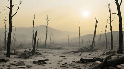 Desolate landscape sun setting eerie beauty ash covered trees bleak horizon