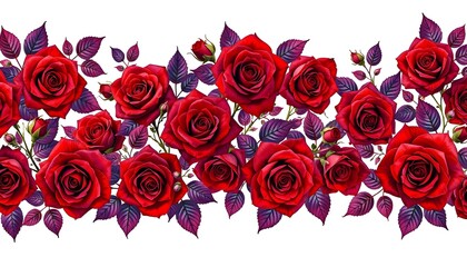 A row of vivid red roses with dark  purple leaves arranged on a white background. 