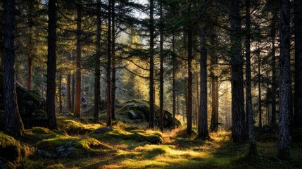 Fototapeta premium Sunlight Filters Through Tall Trees in a Serene Forest Setting Surrounded by Green Moss and Rocky Terrain
