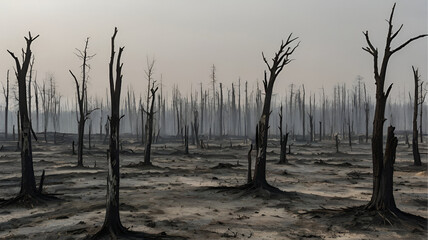 Obraz premium Charred trees stand silent witnesses to devastating wildfire a stark reminder of nature's fragility