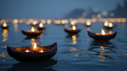 A peaceful Ganga Dussehra scene with floating earthen lamps glowing on the river at twilight.