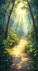 Obraz premium Sunlit path through lush forest (1)