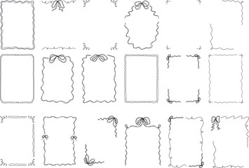 Set of decorative frame with bows, curls, and wavy lines for invitations, packaging, stationery, wedding designs, and elegant vector border illustrations