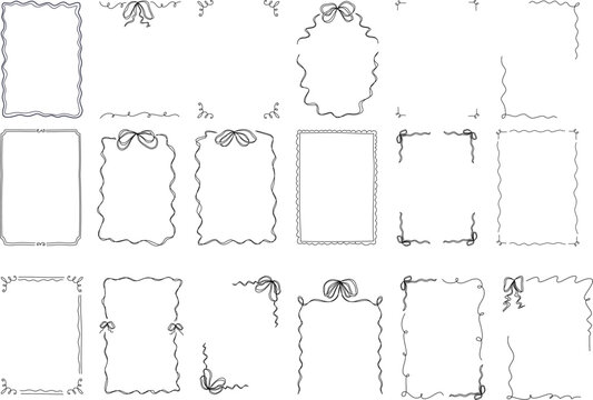 Set of decorative frame with bows, curls, and wavy lines for invitations, packaging, stationery, wedding designs, and elegant vector border illustrations