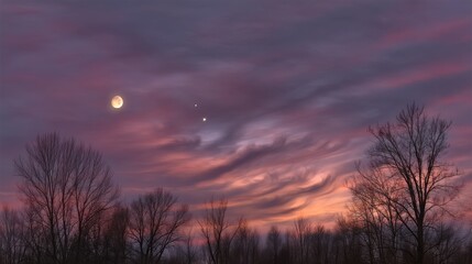 Obraz premium Serene Twilight Skies with Celestial Bodies: Moon and Planets Aligned Over Silhouetted Trees at Dusk