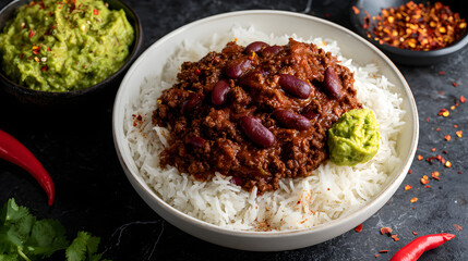 Slow Cooked Beef Mince in Spiced Tomato Sauce with Rice and Condiments on a Dark Background