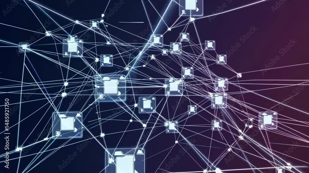 Poster futuristic network visualizing interconnected digital folders, representing data sharing, cloud comp