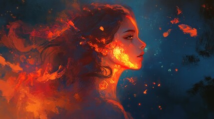 Ethereal portrait of a woman engulfed in flames, mystical, serene, artistic