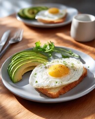 Sunny-side up egg next to sliced avocado on breakfast plate