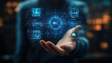 Futuristic digital interface hologram projected above an outstretched human hand in a dark environment with glowing data and technology icons