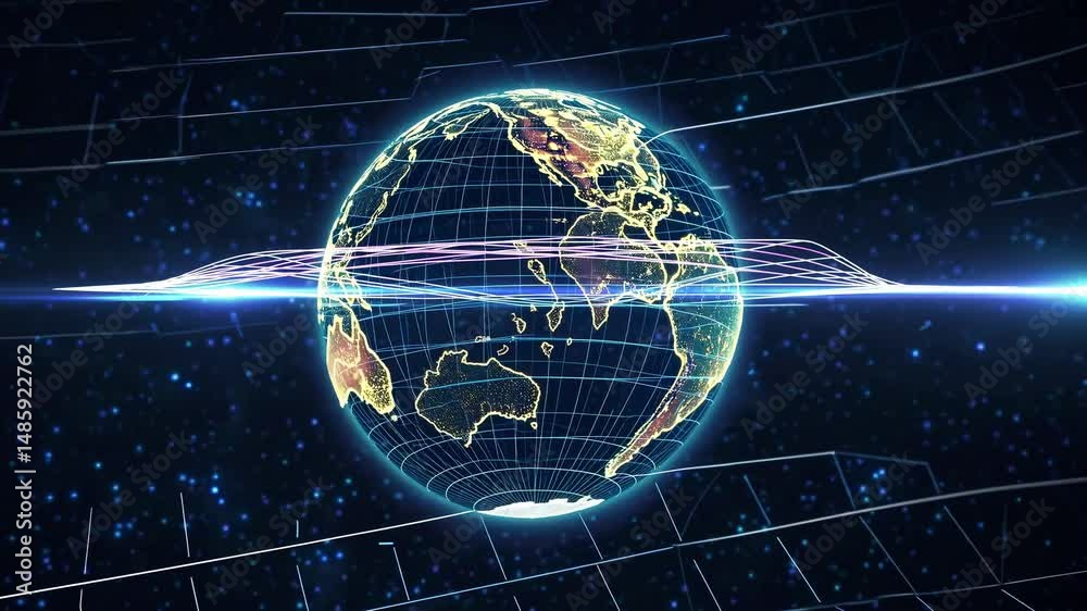Wall mural light trails are passing near a rotating planet earth with digital grid effect and glowing continent