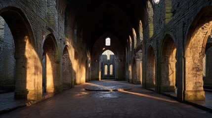 Obraz premium Sunlit Ruins of a Historic Abbey with Archways and Stone Walls in a Serene Atmosphere