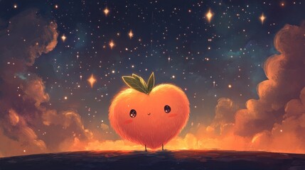 Fototapeta premium Whimsical Peach Character Gazing at a Starry Night Sky Landscape Painting