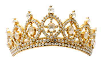 Ornate gold crown adorned with sparkling diamonds against a simple black background