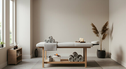 Design, Minimalist, Neutral, Serene Spa Room Interior with Massage Table and Natural Decor