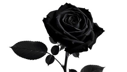A solitary black  rose with leaves against a stark white background. 
