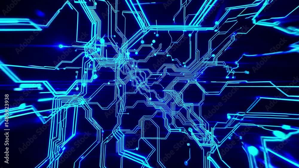 Poster complex network of interconnected circuits and nodes pulsating with vibrant blue energy, symbolizing