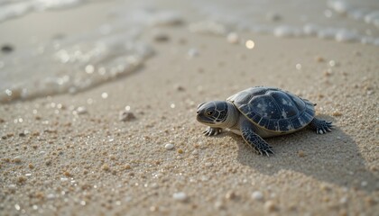 Obraz premium Baby Sea Turtle Crawling on Sandy Beach Towards Ocean Waves