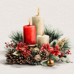 Traditional christmas candle arrangement with red and white pillar candles surrounded by pine cones, berries and evergreen branches
