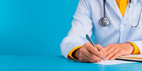 Medical professional writing on paper with stethoscope on blue background