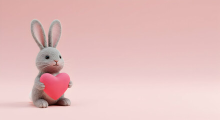 Obraz premium Rabbit, Love, Valentine, Cute Bunny Holding a Heart on Pink Background