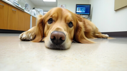 Golden retriever waits on the floor in a veterinarian clinic for a check-up and health assessment on a busy day