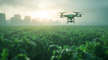 A smart agricultural drone flies over a lush green field in the early morning light, with a soft city skyline in the background. This image captures the innovation of precision farming