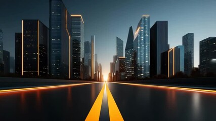 Futuristic modern cityscape with illuminated skyscraper buildings, glowing road and street lines at night, creating vibrant urban skyline and dynamic city atmosphere - Powered by Adobe