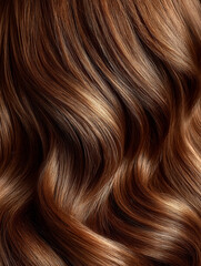 Fototapeta premium A close up of a woman's long, curly brown hair. The hair is styled in a way that highlights its natural texture and shine. Scene is one of elegance and sophistication