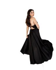Naklejka premium Elegant woman wearing long black dress turning around, white background