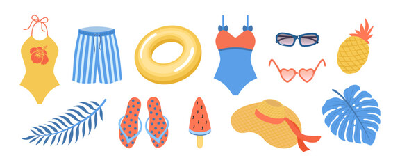 Summer sea vacation clipart set. Retro beach accessories tropical holiday icons. Flat design elements collection. Swimming suit and shorts, watermelon ice cream, palm leaves. Blue and orange color.