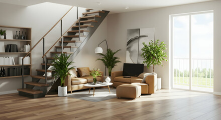 Design, Home, Apartment, Modern Living Room Interior with Wooden Staircase and Tan Leather Sofa