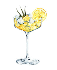 Watercolor Limoncello Cocktail Illustration Citrus Drink with Lemon and Vanilla Handpainted Bar Beverage