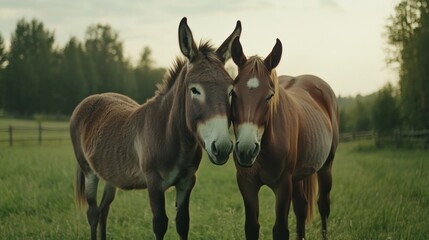 Obraz premium Two donkeys facing each other in a grassy field. Dusk or dawn light
