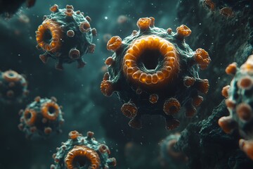 Obraz premium Microscopic View of Viral Particles in Deep Ocean Environment for Scientific Illustration