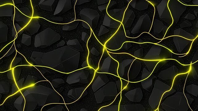 Abstract Texture with Yellow Lines on Dark Background Featuring Cracked Stone and Digital Elements