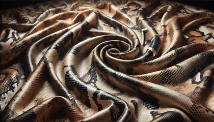 Fototapeta premium Luxurious satin fabric with a hyper-realistic snakeskin pattern in brown, black, and beige tones. Elegantly draped in soft folds, capturing texture and light for a stylish, exotic look.