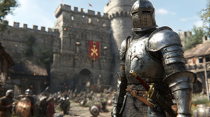 Armored knight stands guard, ready for battle, before the grand gate, against a backdrop of many warriors