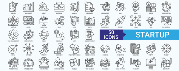 Startup icon collection set with agenda, bar chart, agile, analysis, agreement	
