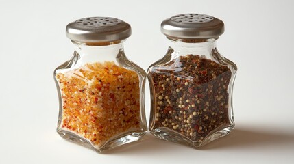 Glass spice jars with cork lids filled with colorful peppercorns on white background.