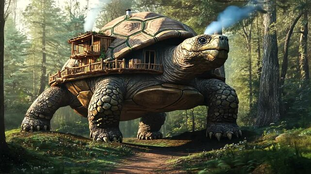 A whimsical scene of a giant tortoise with a house on its back in a lush forest setting