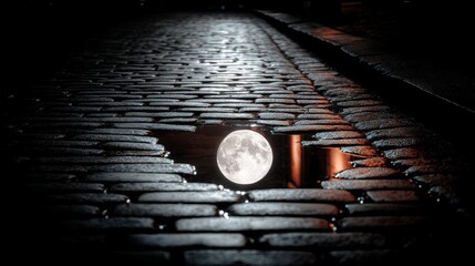 Reflection of Full Moon in Puddle on Cobblestone Street at Night Creating a Mystical and Dreamy Atmosphere