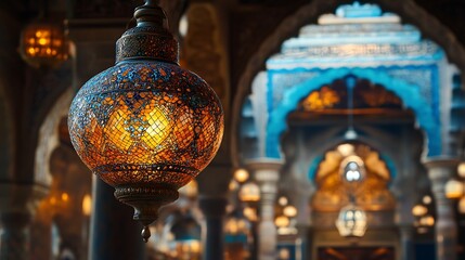 Fototapeta premium Intricate mosaic lantern illuminating an arabian architectural palace hall