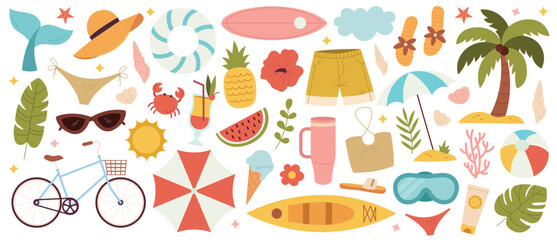 Minimalist beach items set in soft colors. Includes summer essentials like hat, sunglasses, swimsuit, flip-flops, beach umbrella, sun lotion, and tropical drinks. Perfect for modern vacation design
